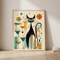 Mid Century Modern Black Cat Poster Retro Martini Glass Print Bar Cart Art
