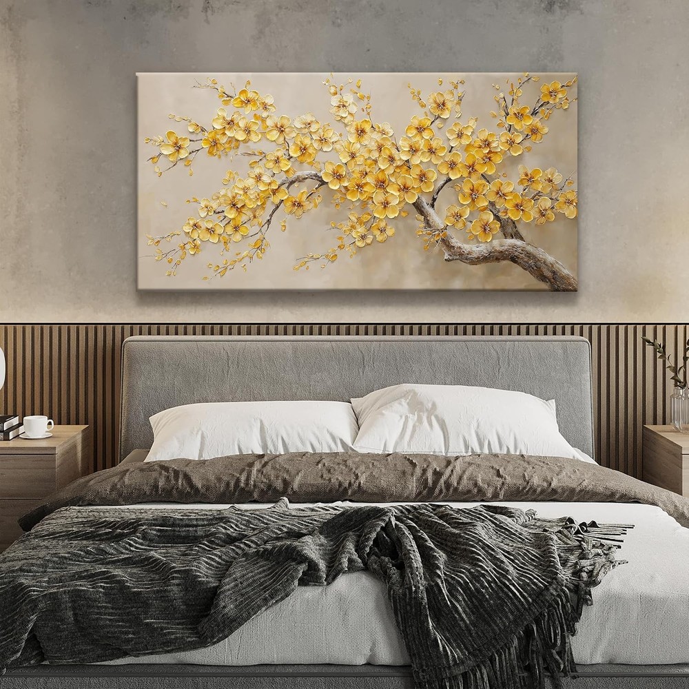 Tree of Life Canvas Painting Golden Yellow Flowers Wall Art,24x48inch DIY Framed