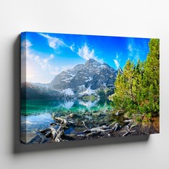 Mountain Landscape Canvas Wall Art Pine Trees Crystal Clear Lake Nature Print