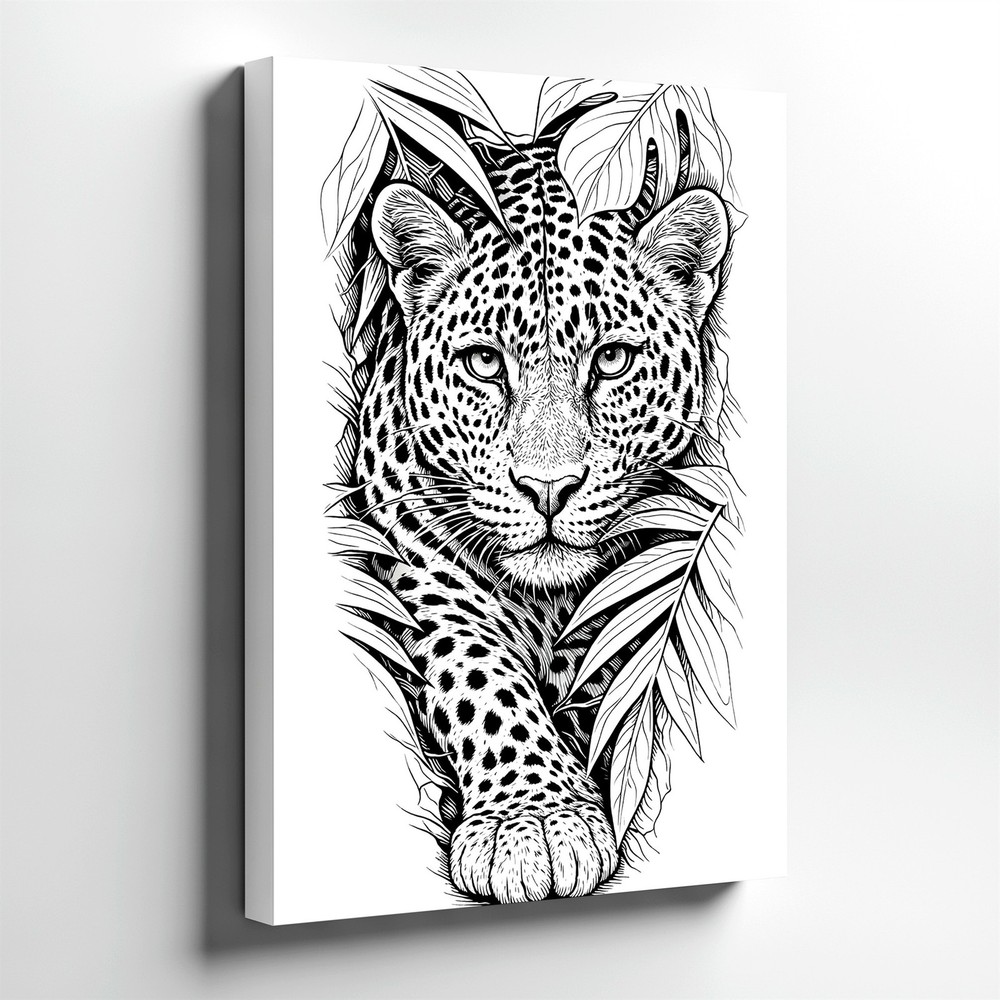 Wall Art Leopard Jungle Line Drawing Black White Wildlife Animal Print Decor