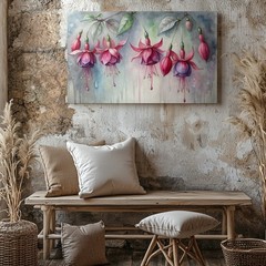 Pink and Purple Fuchsia Flowers Watercolor Canvas Wall Art Floral Print Decor