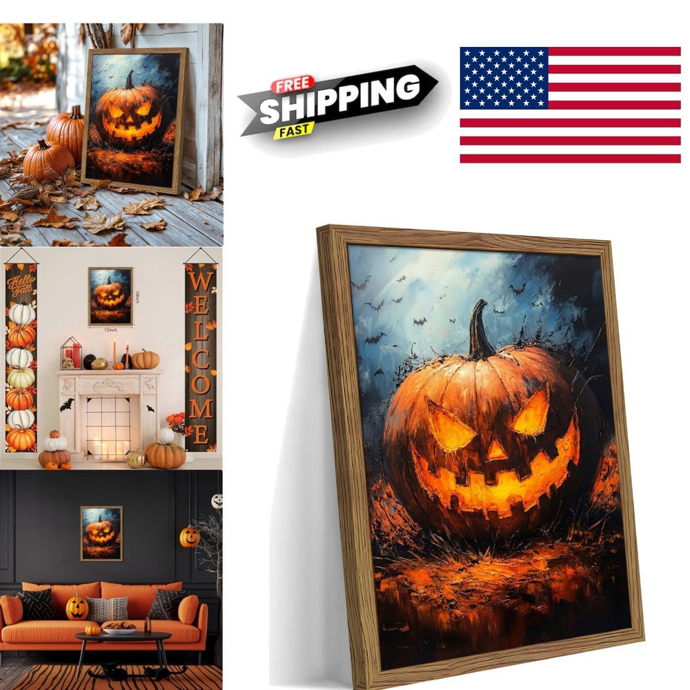 Vintage Halloween Wall Art 12×16 Inch Framed Pumpkin Picture for Living Room