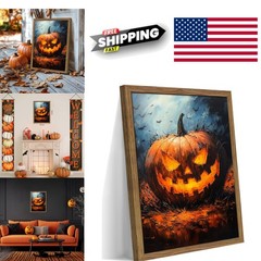 Vintage Halloween Wall Art 12×16 Inch Framed Pumpkin Picture for Living Room