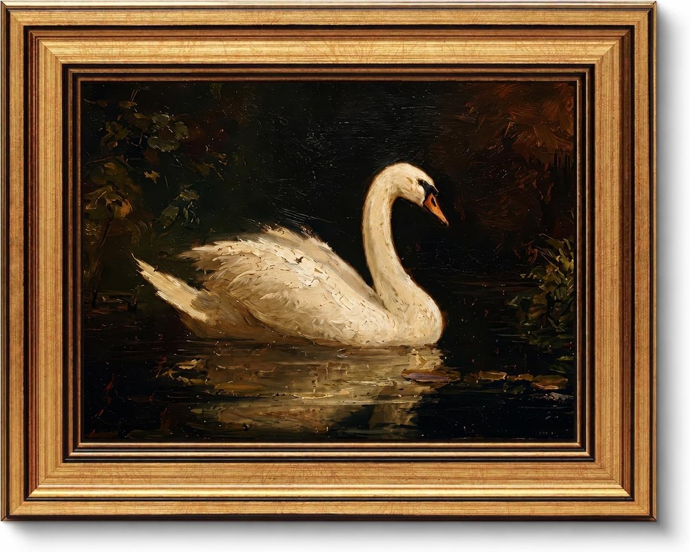 Gold Framed Vintage Swan Wall Art Moody Swan Oil Painting Picture Wall Decor …