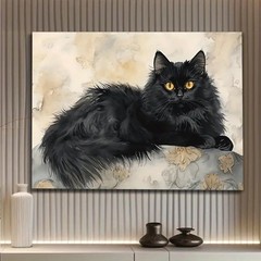 Fluffy Black Long Hair Cat Floral Background Canvas, Neutral Pet Wall Decor