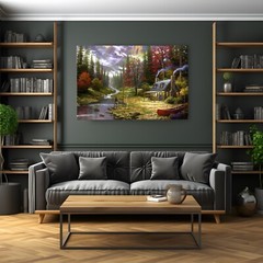 Vintage Rustic Cabin Fly Fishing Autumn Forest Painting Canvas Wall Art Print