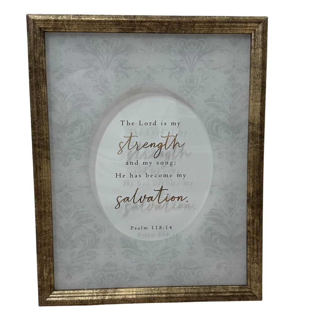 Psalm 118:14 Scripture Framed Wall Art Gold Distressed Frame Damask 11×14