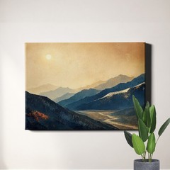 Abstract teal mountain ridges with warm ochre sky Poster Print modern landscape