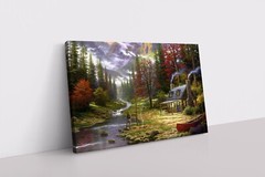 Vintage Rustic Cabin Fly Fishing Autumn Forest Painting Canvas Wall Art Print