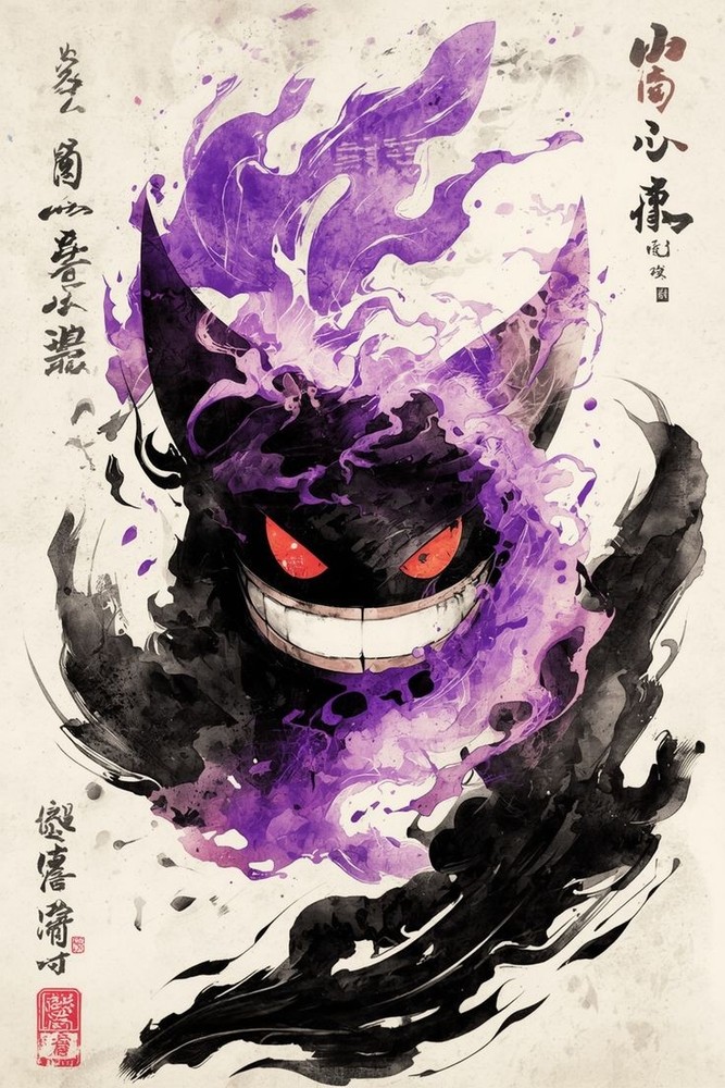 Gengar Pokemon Sumi-e Wall Art Japanese Ink Poster Ghost Type Anime Canvas Print