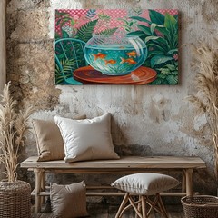 Goldfish in Glass Bowl Tabletop Tropical Plants Canvas Wall Art Print Decor
