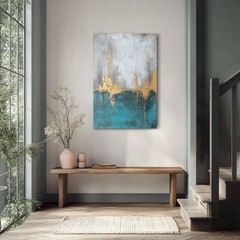 Abstract Gold Teal Gray Painting Print, Framed Canvas Wall Art Modern Elegant