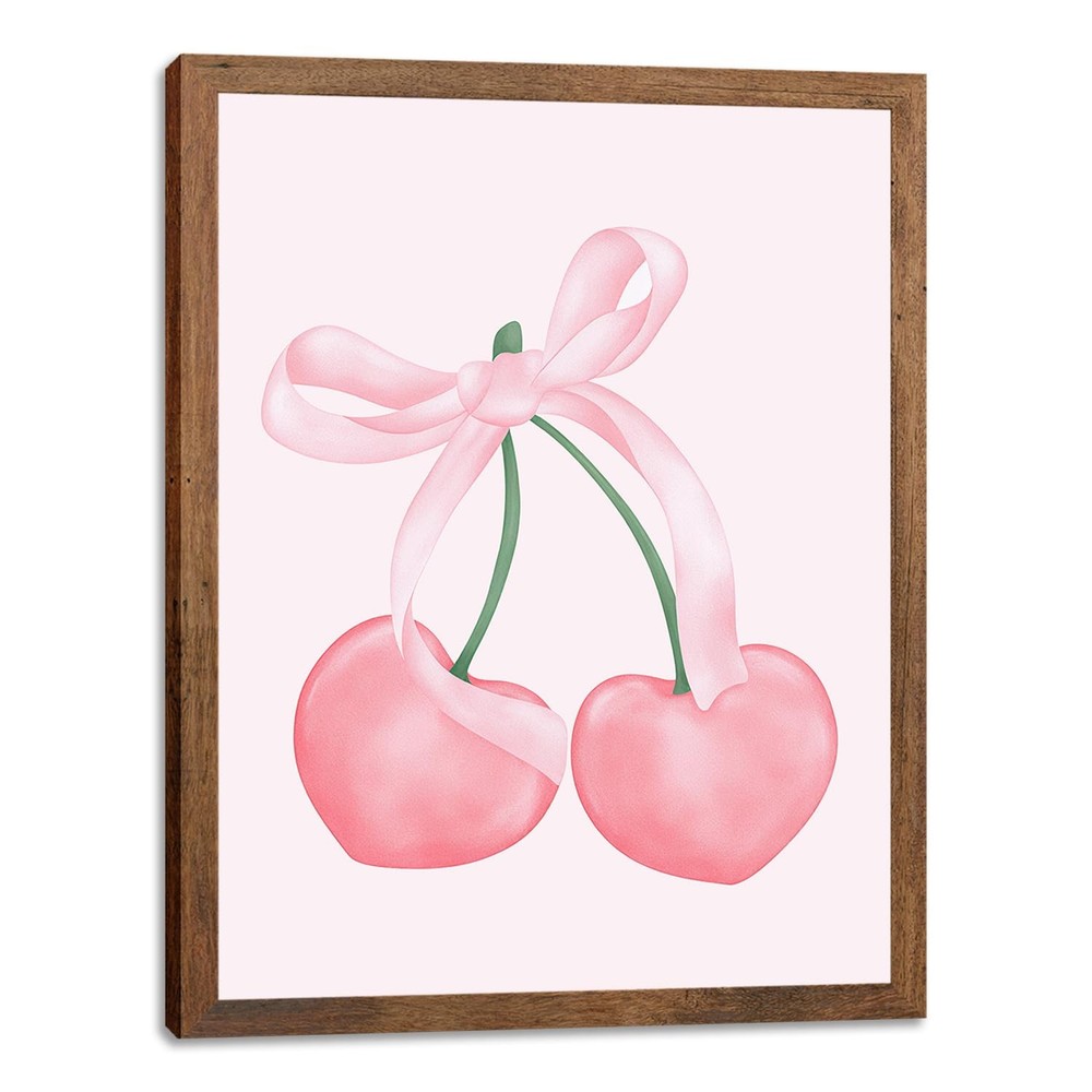 Pink Bows Heart Cherry Canvas Wall Art, Wood Framed Cute Trendy Coquette Prep…