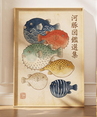 Vintage Japanese Pufferfish Art Poster Woodblock Style Ocean Fish Wall Art