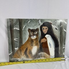 SIGNED Native American Girl And Lion Nature Painting On Ceramic Tile 16×12 in