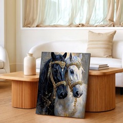Wall Art Black and White Horses Canvas Print Gold Bridle Animal Decor 16×24