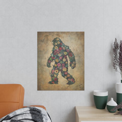Vintage Sasquatch Flowers Wall Art, Bigfoot Floral Poster, Botanical Yeti Decor
