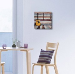 Canvas Prints – Guitar and Picture Frame in Vintage Wood room – 16″ x 16″