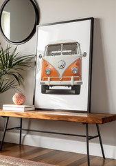 Vintage VW Bus Poster, Orange and White Retro Wall Art, Hippie Bus Decor retro