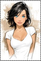 Poster of Woman with Black Hair in White T-Shirt – Wall Art Print Decor