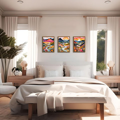 Framed Boho Abstract Mountain Art Set of 3 for Living Room & Bedroom