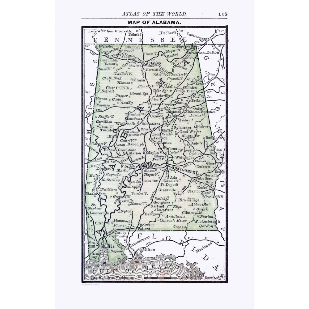 Historic State Map – Alabama – Alden 1886 – Vintage Wall Art