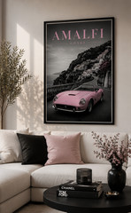 Amalfi Coast Pink Ferrari Wall Art – Luxury Italian Coastal Print