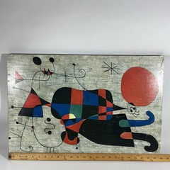 Vintage Joan Miro Figures & Dog Print Wood Mounted Art MCM Wall Decor 24″x16″