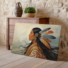 Native American Woman Profile Feather Headdress Modern Canvas Wall Art Print