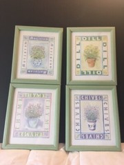 Lucy Davies Art Prints (4) Herb Spices Kitchen Mint Green Beveled Wood Frames