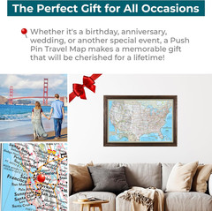Push Pin Travel Maps – Classic US – Solid Wood Brown Framed Pin Map for Tracking