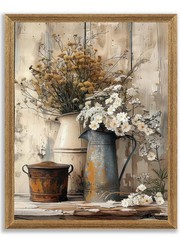 Framed Farmhouse Vintage Canvas Wall Art, Country Floral Daisy Picture Wall D…