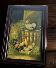Vtg Rooster Chickens Farm Life Oil Painting on Canvas Frame 30X20.5″ Art 25X16″