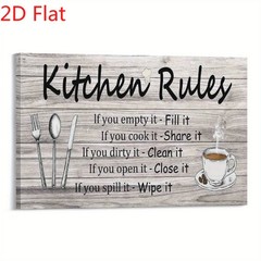 Kitchen Rules Wooden Sign Canvas Art, Rustic Coffee Farmhouse Kitchen Wall Decor