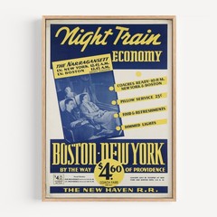 Night train economy. Boston – New York by way of Providence Retro Travel Poster