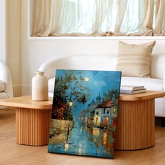 Wall Art Rainy Night Street Scene Village Houses Moonlight Painting Print Decor