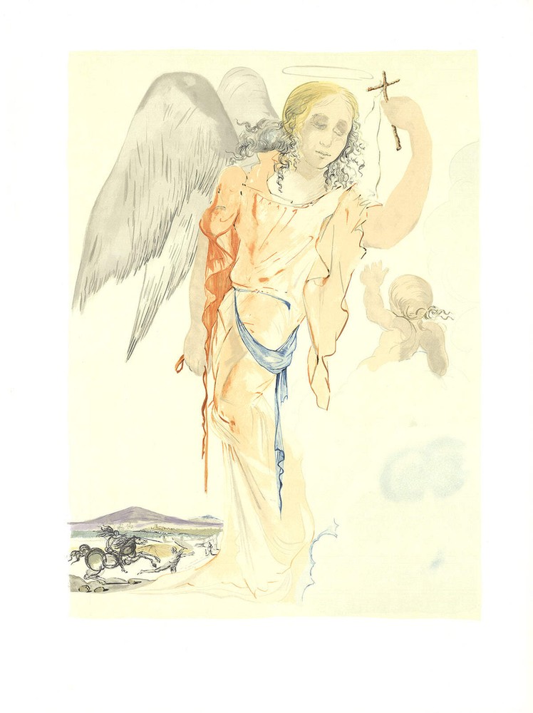 SALVADOR DALI Angel with Cross 30″ x 22.5″ Lithograph Surrealism Brown