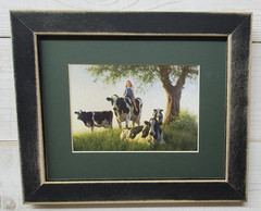 Robert Duncan girl on cow Vintage Distressed Black 8×10 framed wall picture