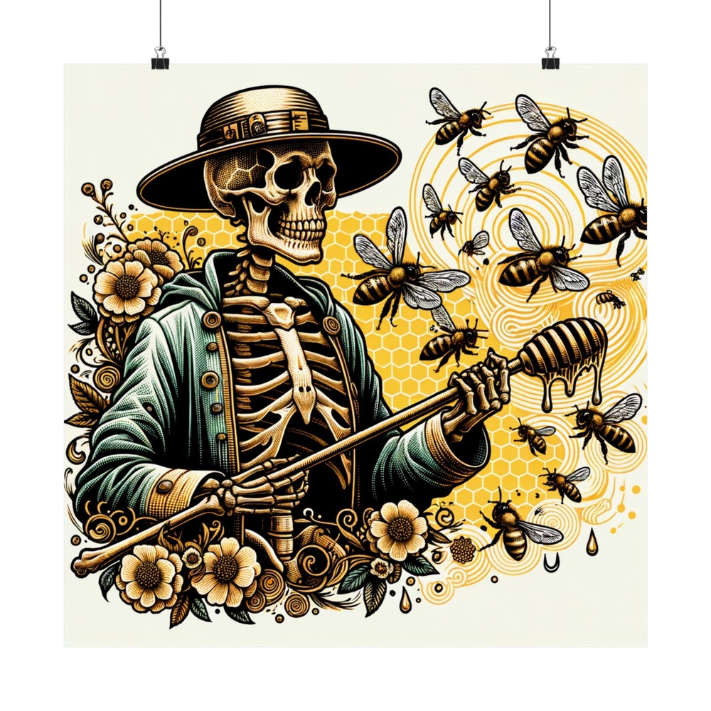 Matte Square Poster Wall Art Vintage Style Skeleton Beekeeper Honey Bumble Bee
