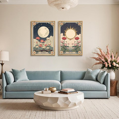 2Pcs Tarot Card Canvas Wall Art Moon Sun Flowers Mystical Astrology Posters Prin