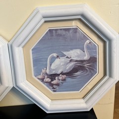 Vtg Homco Swan Pictures-Set of 2 – Hexagon Painted Frames Cottagecore ~READ~