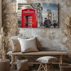 London Red Telephone Booth and Big Ben Clock Tower Urban Canvas Wall Art Print