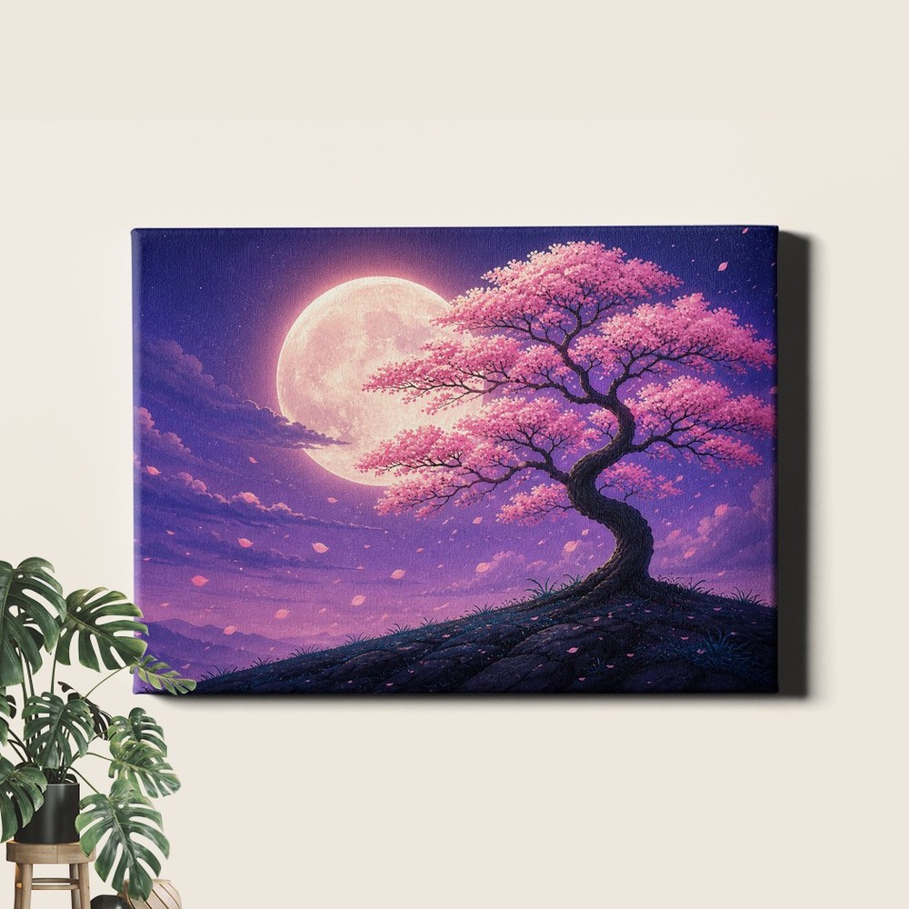 Cherry Blossom Tree Moon Wall Art Night Landscape Floral