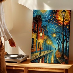 Wall Art Rainy Night Street Cityscape Canvas Print Lamp Post Moonlit Trees Home