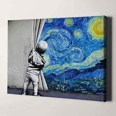 Starry Night Behind the Curtain Banksy Van Gogh Retro Canvas Print Wall Art