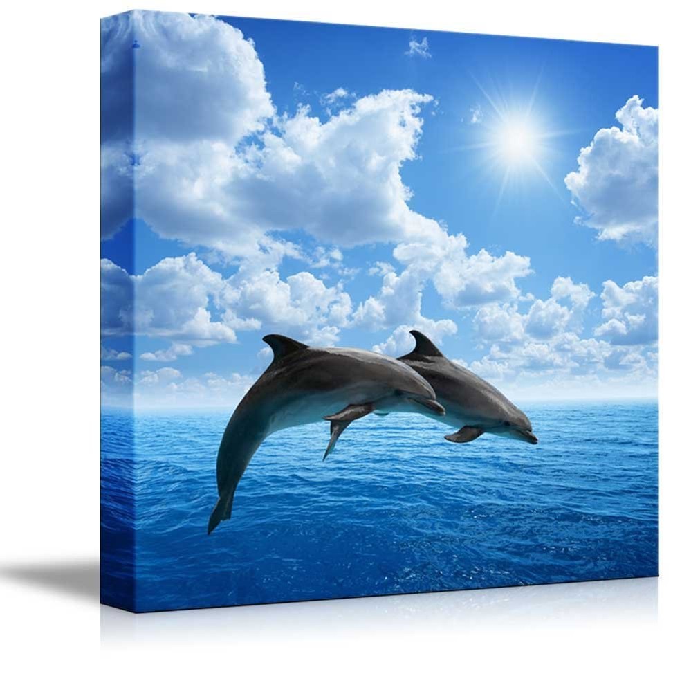 Canvas Prints Wall Art – Two Dolphins Jumping on the Clear Blue Sea/Ocean- 12×12