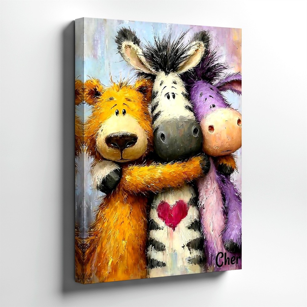 Wall Art Cute Animal Friends Painting Zebra Bear Donkey Hugging Canvas Print