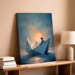 Wall Art Origami Paper Boat Sunset Ocean Surreal Figure Minimalist Print Decor