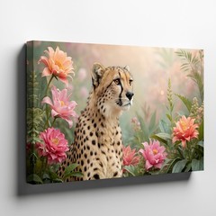 Cheetah in Soft Floral Garden Scene Canvas Wall Art Nature Wildlife Decoration