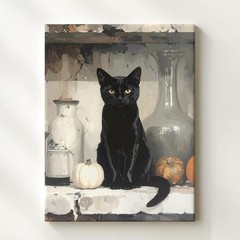 Wall Art Mystical Black Cat Still Life Canvas Witchcraft-Inspired Gray Toned Art
